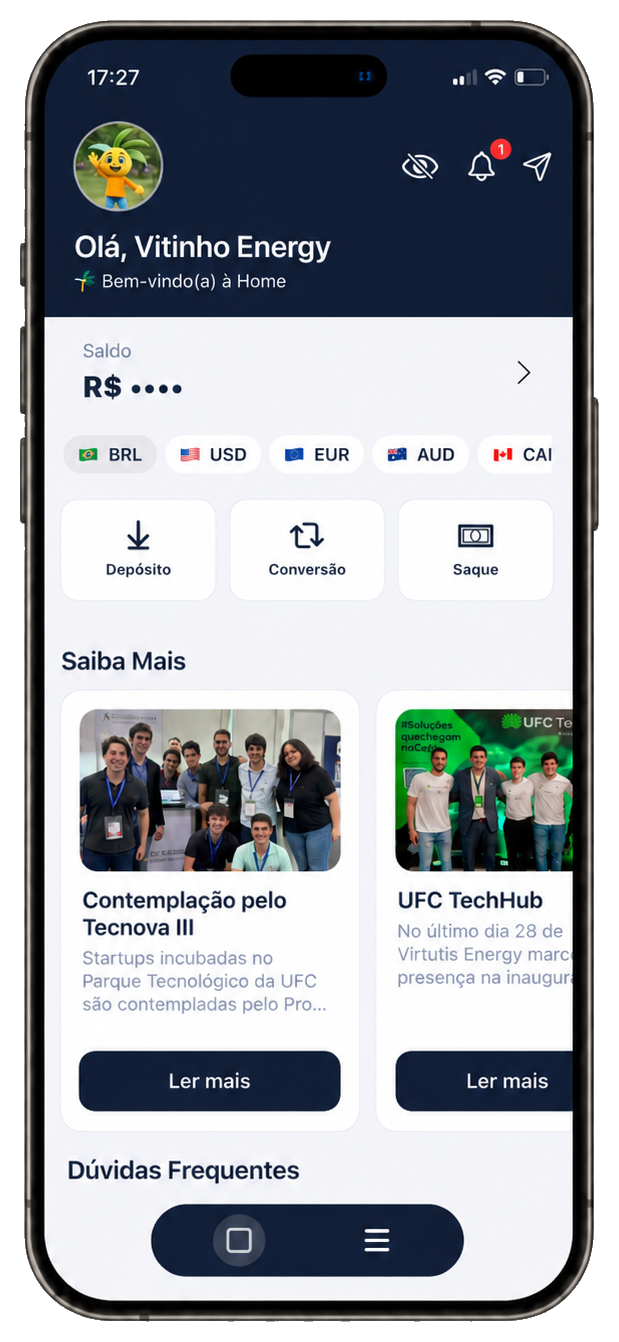 Tela do aplicativo da Virtutis Energy em um smartphone